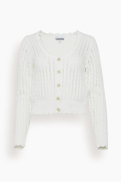 Cotton Lace Low O-Neck Cardigan in Bright White