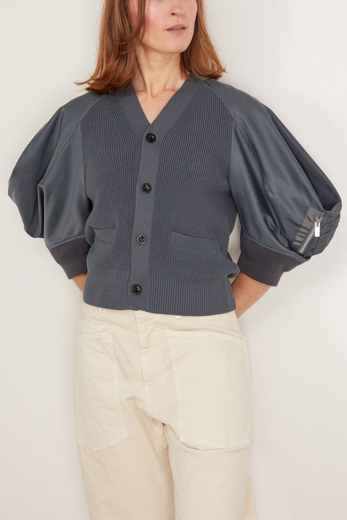 サカイ　Nylon Twill x Cotton Knit Cardigan Sacai Nylon Twill and Knit Cardigan in Blue Gray – Hampden