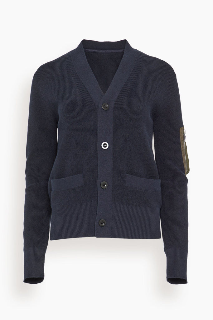 Sacai Nylon Twill Cotton Knit Cardigan in Navy/Dark Khaki