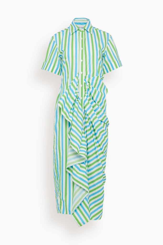 Rosie Assoulin Women's Gathered Ruffle Shirt Dress, Blue/Green Stripe, Cotton | Size: 2 | St. Bernard
