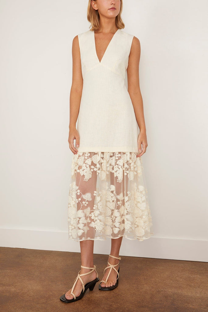Arielle Lace V-Neck Midi Dress in Cream