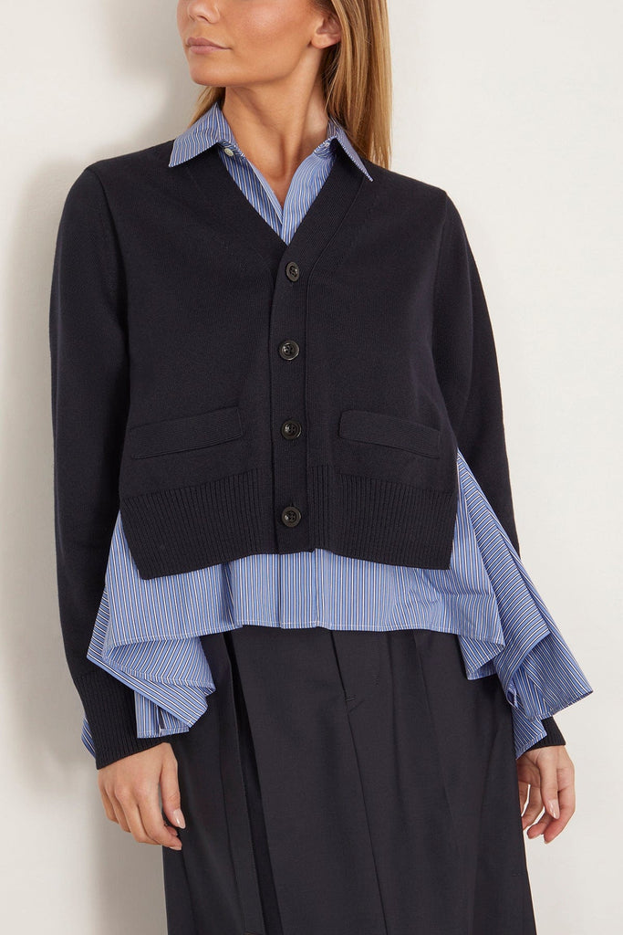 Sacai Cotton Poplin x Knit Cardigan in Navy and Blue Stripe