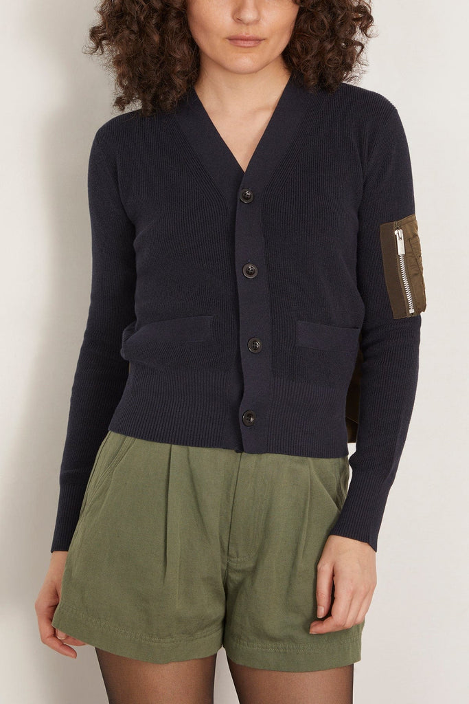 Sacai Nylon Twill Cotton Knit Cardigan in Navy/Dark Khaki