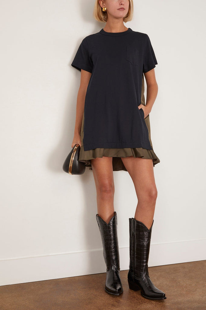 Sacai Nylon Twill x Cotton Jersey Dress in Navy/Dark Khaki