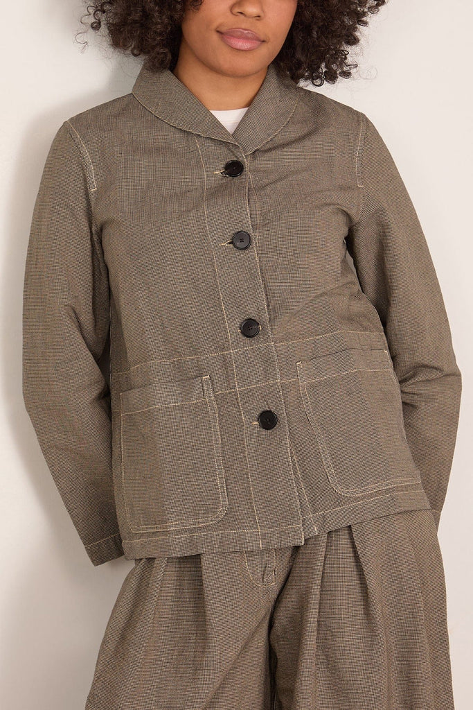 【ANLEM】 RETRO HOOK COTTON JACKET Toast Hal Micro Houndstooth Cotton Linen Workwear Jacket in