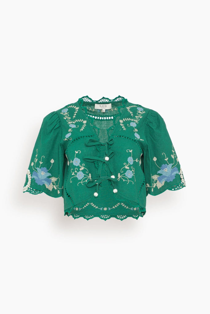 SEA Vesna Embroidery Tie Front Top in Green – Hampden Clothing