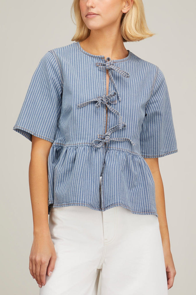 Light Stripe Denim Peplum Blouse in Mid Blue Stone