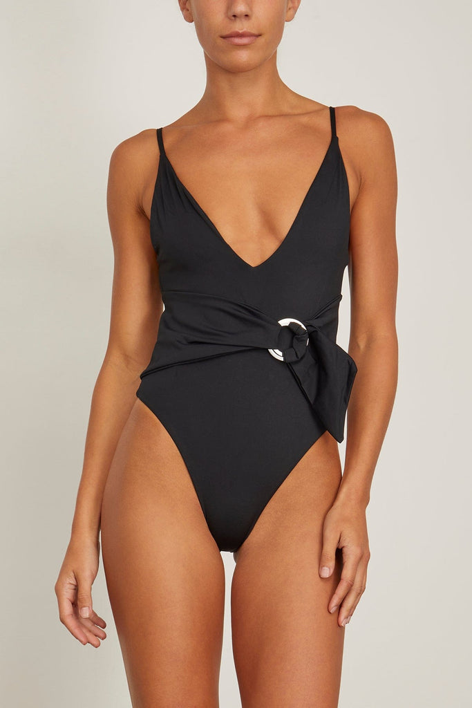 Simkhai Niya Deep V Tie Waist One Piece Swimsuit in Black