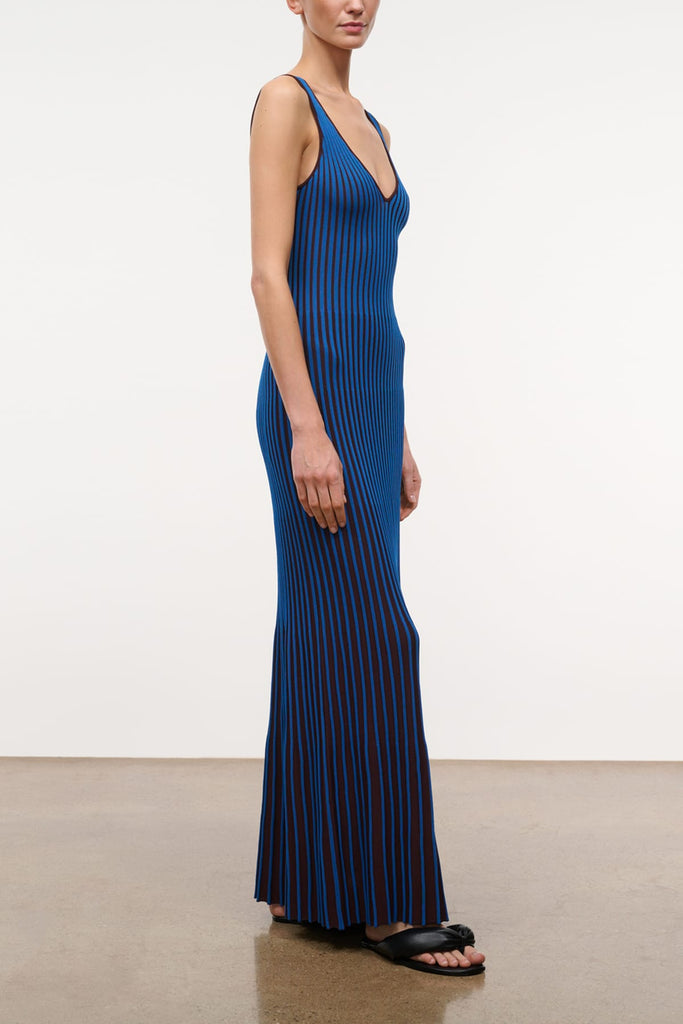 staud claretta backless pleated rib-knit dress Women's Maxi - Blue - Size L Neiman marcus