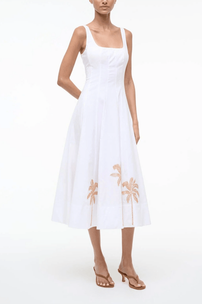 knee length dresses for ladies Staud Wells Dress in White Embroidery – Hampden Clothing