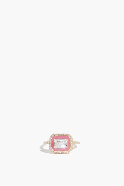 White Topaz East West Pink Enamel Pave Diamond Halo Ring in 14k Yellow Gold