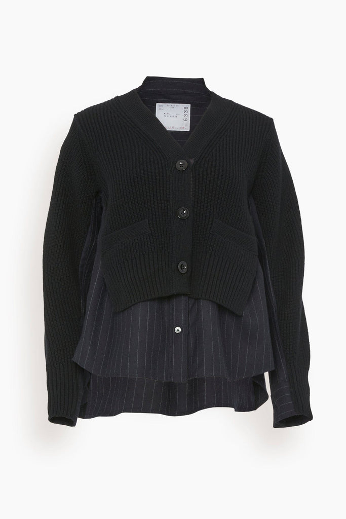 Chalk Stripe x Wool Knit Cardigan in Black/Navy