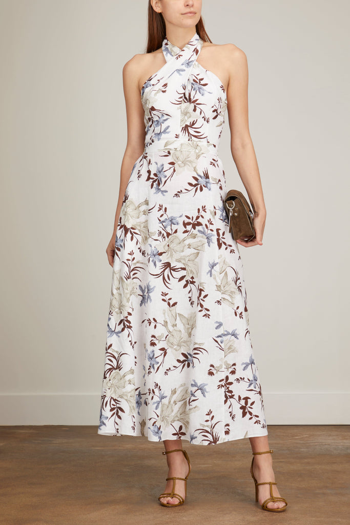 Selene Haltered Midi Dress in Tropical Bloom White