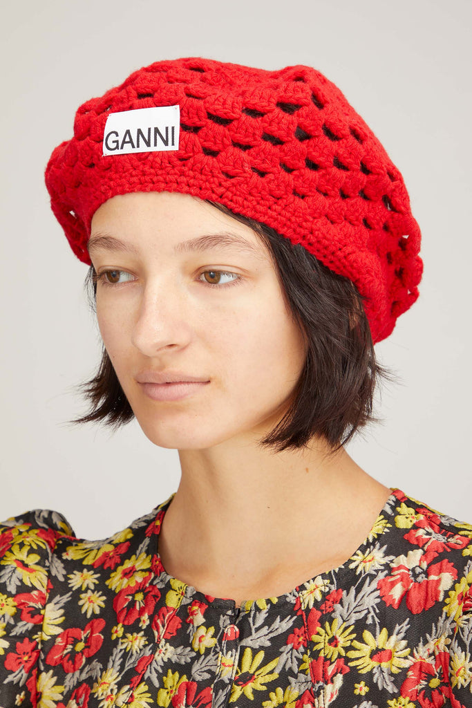 Lambswool Crochet Beret in Fiery Red