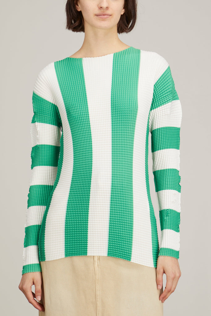 Pleated Long Sleeve Top in Off White/Green Stripes