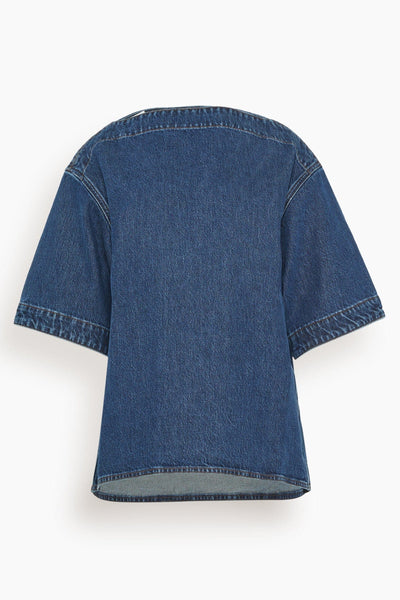 Dart-Neck Denim Top in Dark Blue
