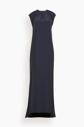 Embroidered Zip Long Dress in Navy Blue
