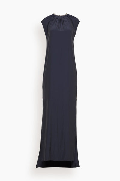 Embroidered Zip Long Dress in Navy Blue