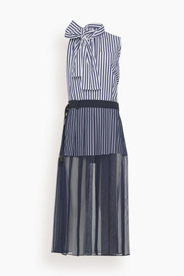 Sacai Casual Dresses Cotton Poplin Dress in Navy Stripe x Navy