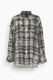R13 Shredded Seam Drop Neck Shirt in Black Plaid with Splatter