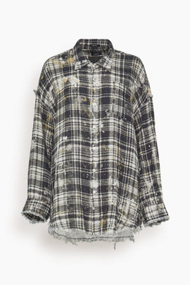 Shredded Seam Drop Neck Shirt in Black Plaid with Splatter