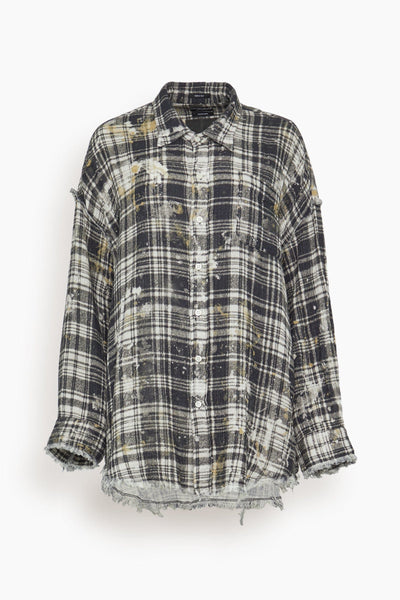Shredded Seam Drop Neck Shirt in Black Plaid with Splatter