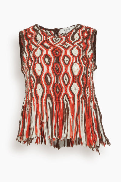 Drew Macrame Knit Crew Neck Top with Fringe in Red