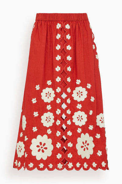Catrine Applique Midi Scallop Skirt in Red