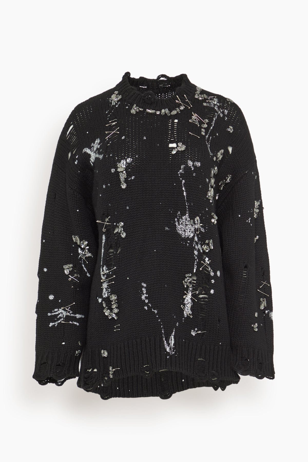 R13 Distressed Oversized Sweater in Black with Crystals and Pins