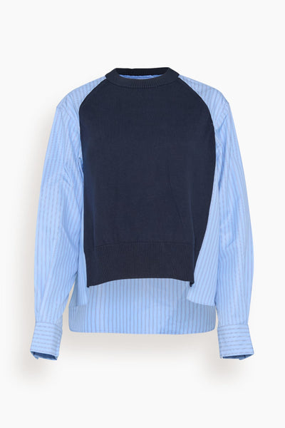 Poplin x Cotton Knit Pullover in Navy x Light Blue Stripe
