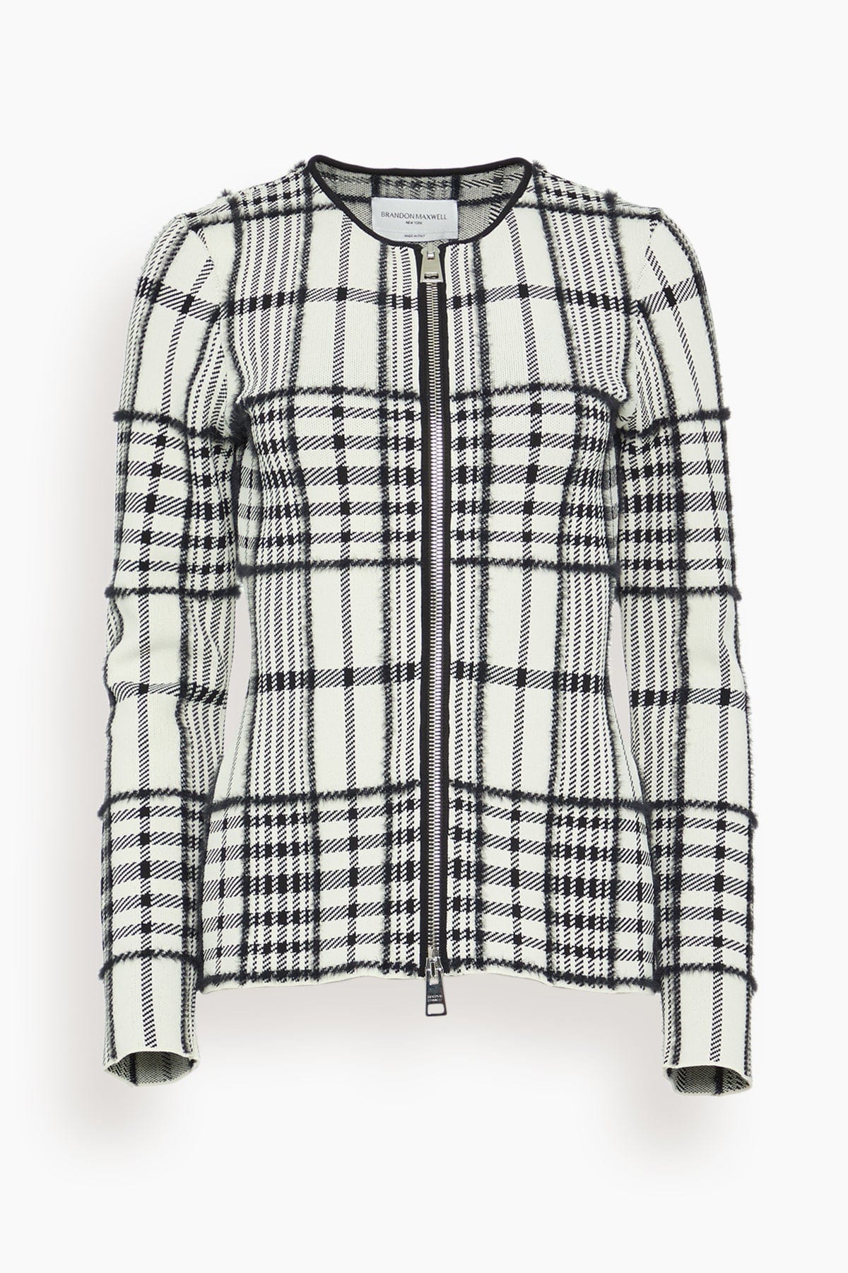 Brandon Maxwell The Greer Zip Front Knit Cardigan in Ivory Plaid
