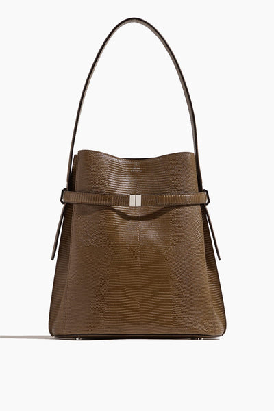 Belted Lizard-Embossed Bucket Bag in Dark Olive