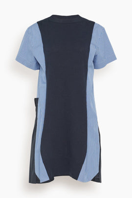 Poplin x Knit Dress in Navy and Blue Stripes