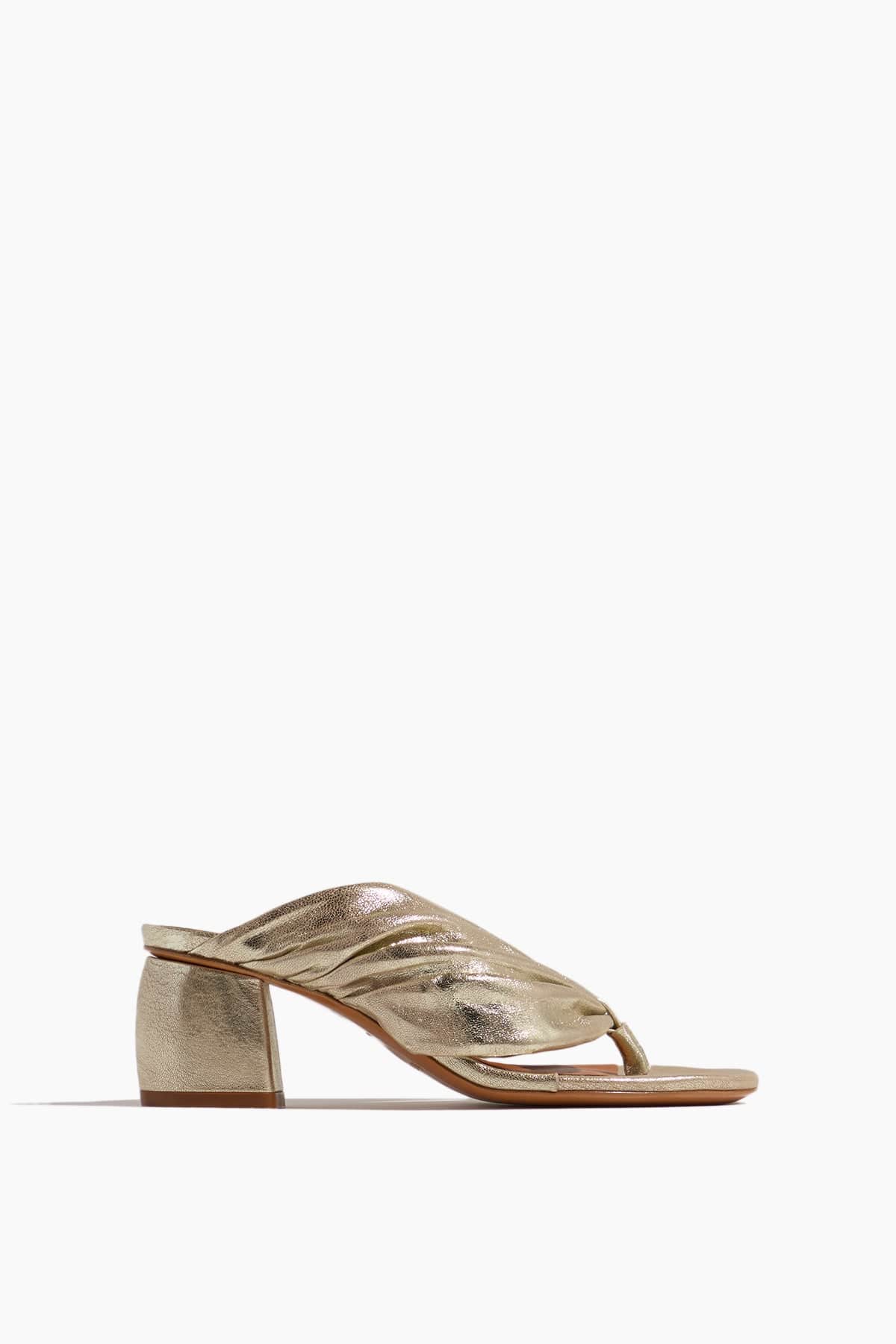 Forte Forte Heeled Laminated Leather Thong Sandals in Silver