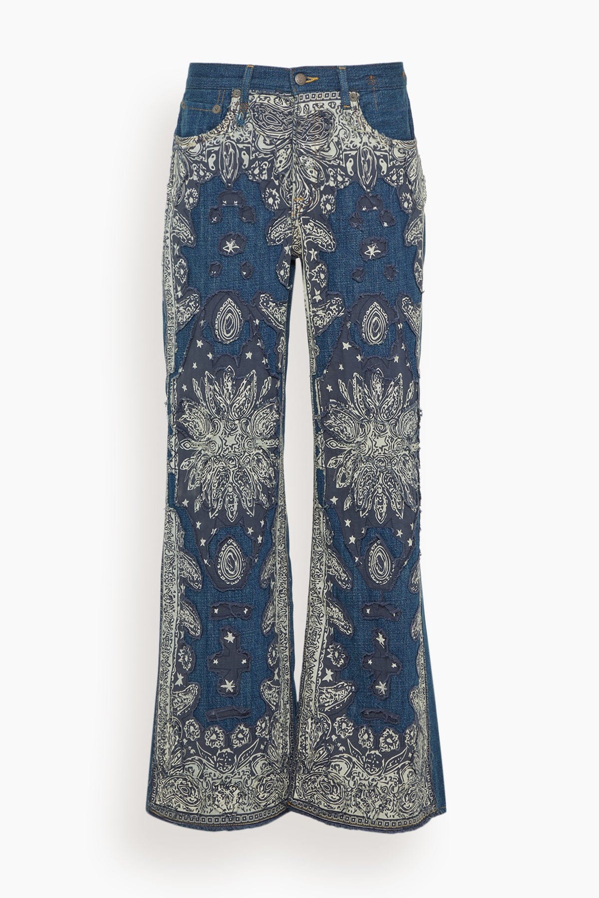 R13 D'Arcy Flare Jean in Blue Bandana Applique
