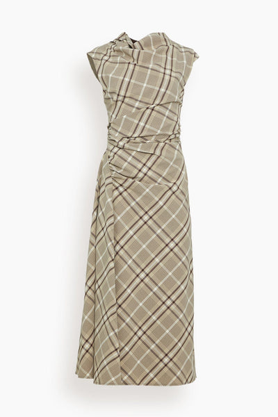 Burke Sleeveless Draped Midi Dress in Sand Plaid