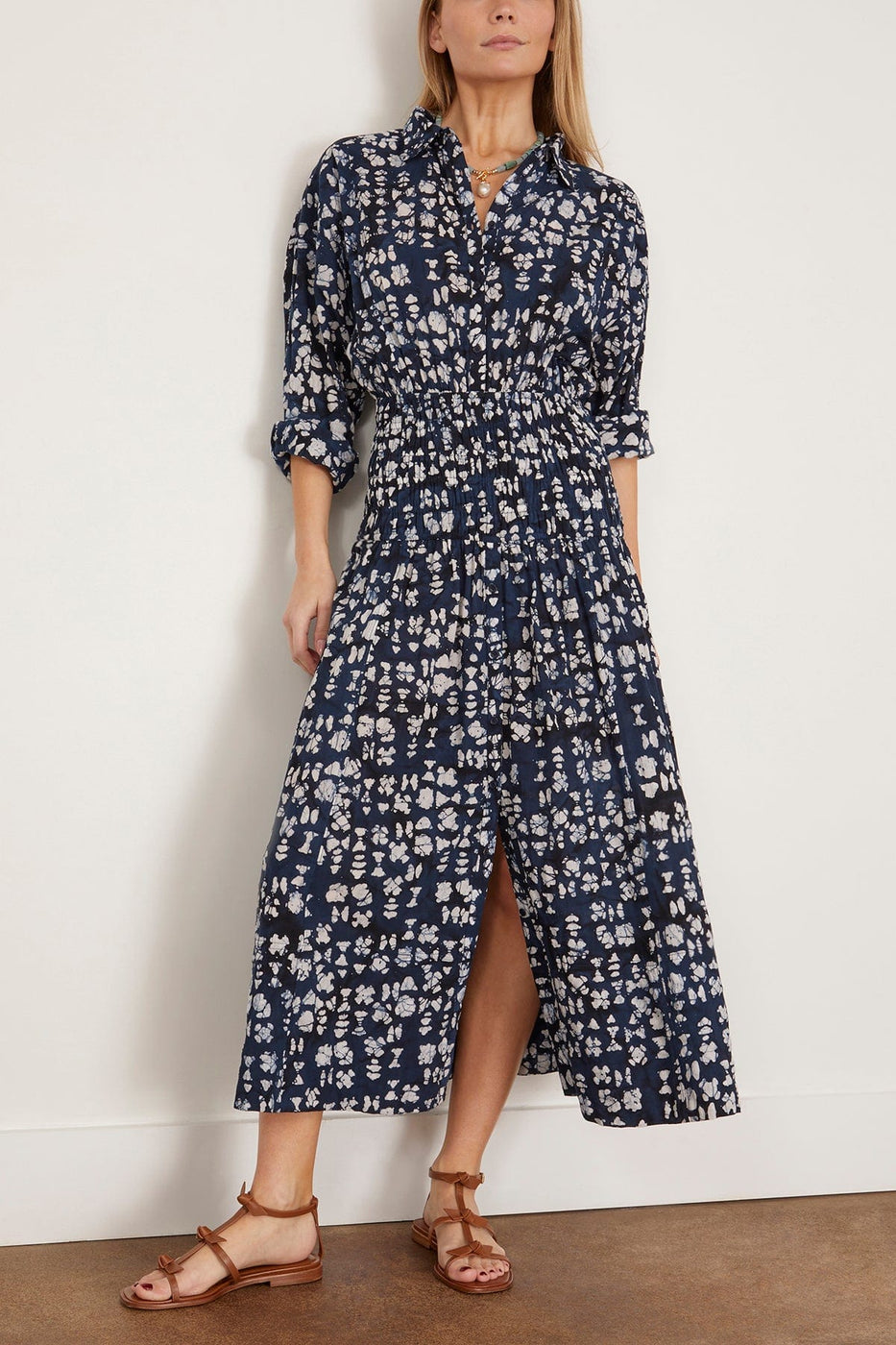 Apiece Apart Sophia Smocked Shirt Dress in Batik Geo Indigo