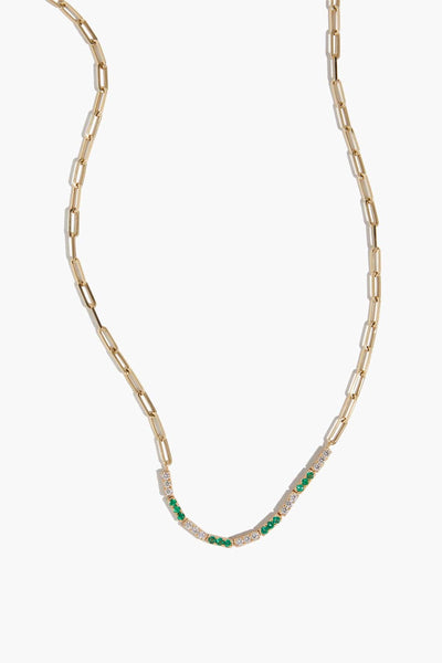 Emerald and Diamond Paper Clip Necklace in 14K Gold