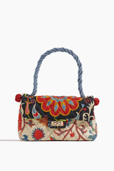One of a Kind Bonbon Embroidery Bag in Blue Strap/Red Black Flap