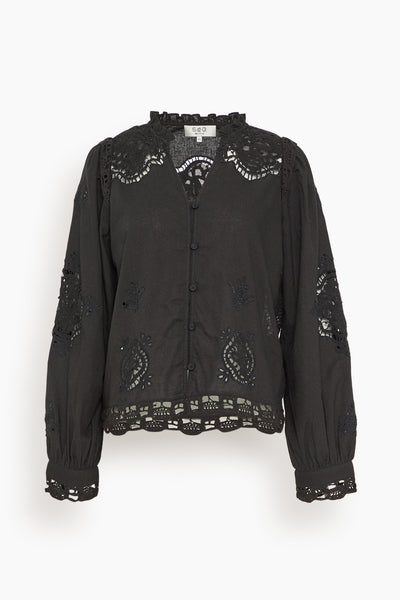Edith Embroidered Long Sleeve Top in Black