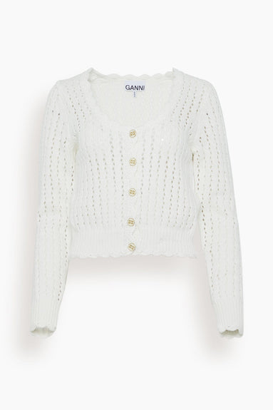 Ganni Sweaters Cotton Lace Low O-Neck Cardigan in Bright White