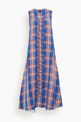 Sleeveless Midi Dress with Ruffles in Blue Pink Plaid