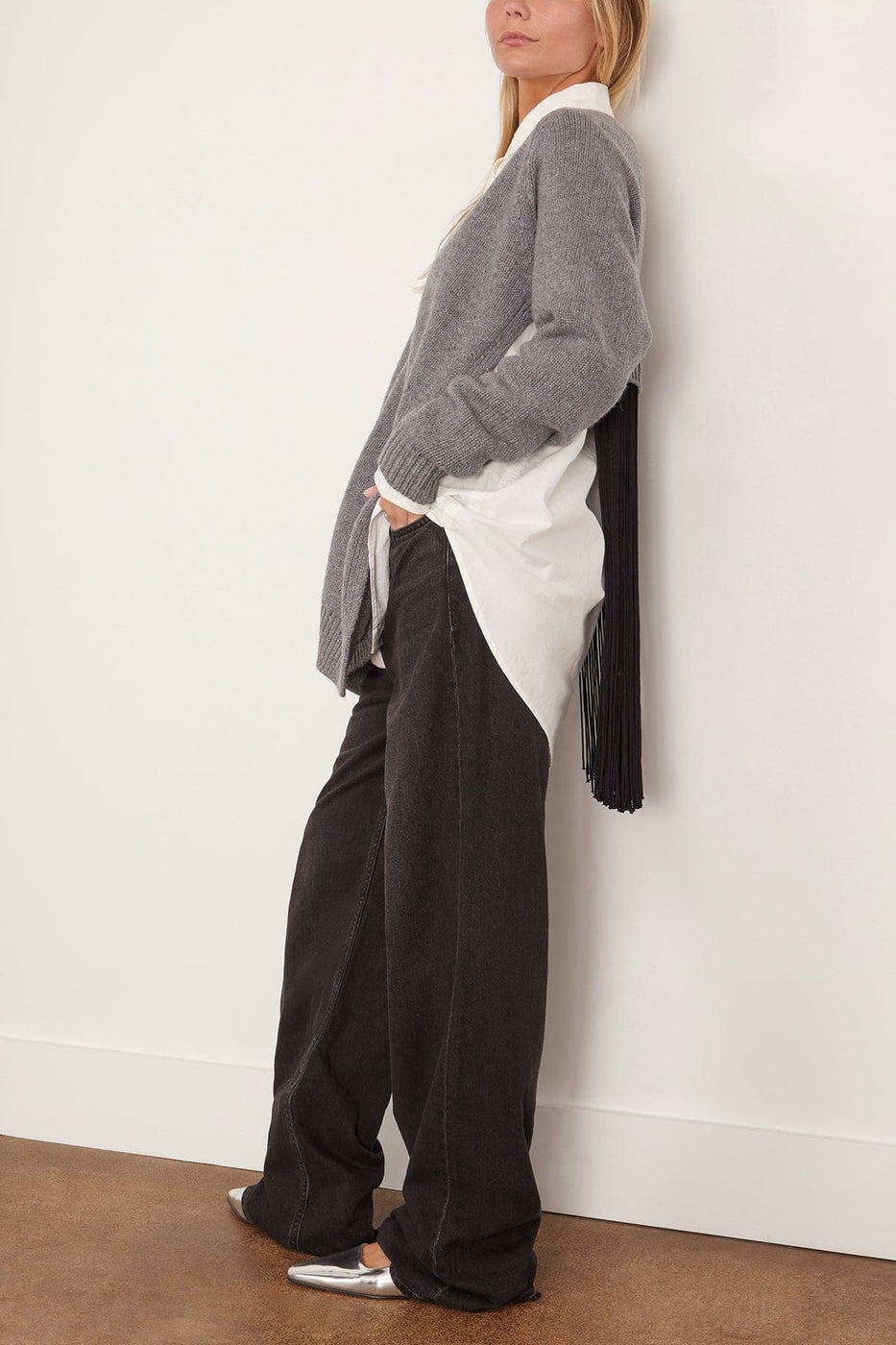 Tibi Sweaters Soft Sweaters Fringed Half Cardigan in Charcoal Tibi Soft Sweaters Fringed Half Cardigan in Charcoal