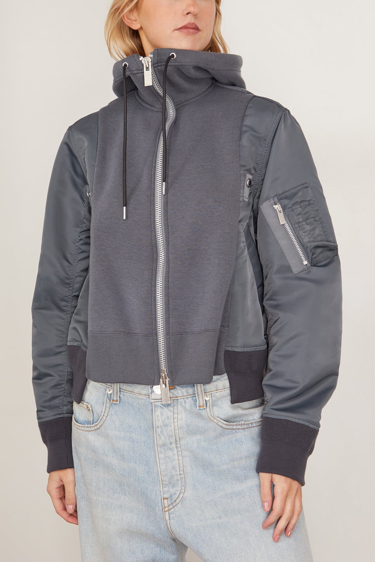 Sacai Sponge Sweat and Nylon Twill Hoodie in Blue Gray