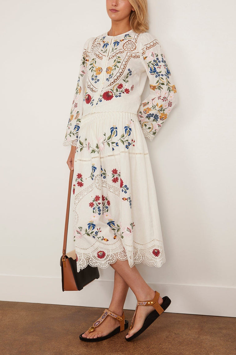 Sea Celia Embroidery Midi Skirt in Cream