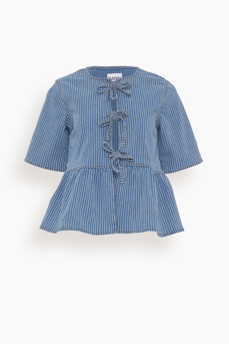 Ganni Light Stripe Denim Peplum Blouse in Mid Blue Stone – Hampden