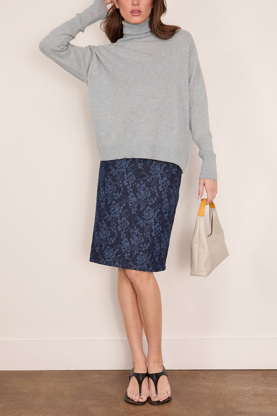 Bite Studios Lace Print Denim Skirt in Washed Dark Blue