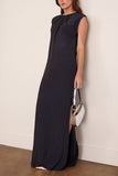 Lanvin Embroidered Zip Long Dress in Navy Blue