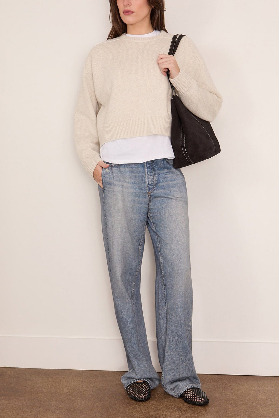 Loulou de Saison Bruzzi Cropped Sweater in Light Grey Melange