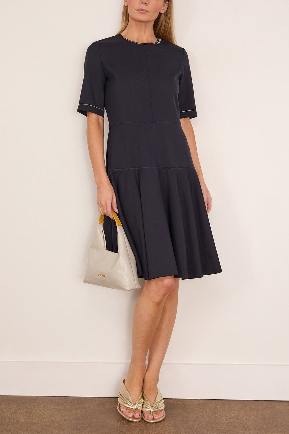 Marni Embroidered Short Sleeve Midi Dress in Blue/Black